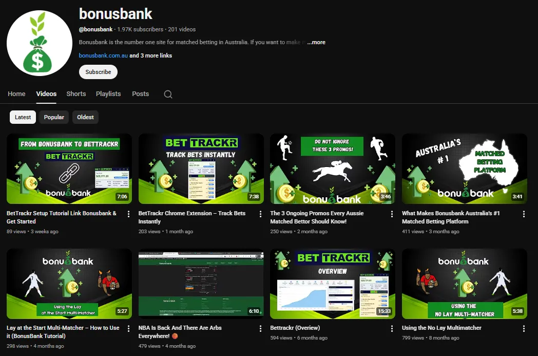 Bonusbank YouTube channel with free matched betting strategy videos