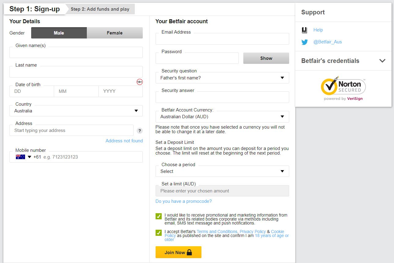Creating a new Betfair account