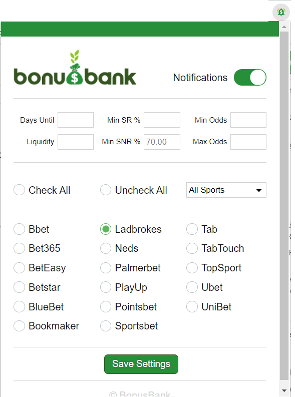 Bonusbank ATM Alerts Chrome extension settings for automated bet notifications