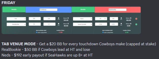 Bonusbank recommended multi-bookie play posted on Discord with potential bonus triggers